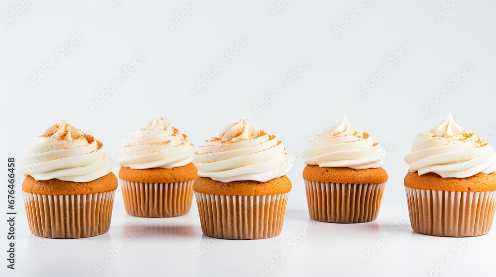Poster a row of cupcakes with frosting and sprinkles on top of each one on a white surface. generative ai