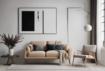 Empty mock up poster frame on white wall Interior design of modern living room with armchair