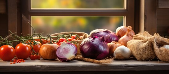 In the kitchen a red onion and carrot sat on the wooden table surrounded by the warm autumn light streaming through the window The vibrant white and orange vegetables brought a burst of colo