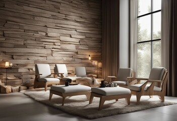 Four white armchairs near natural wood live edge coffee table against wall with stone paneling decor