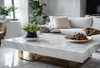 Marble stone coffee table near white sofa Interior design of modern living room