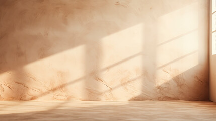 Abstract pastel beige wall background with shadows of window. Empty studio for product presentation