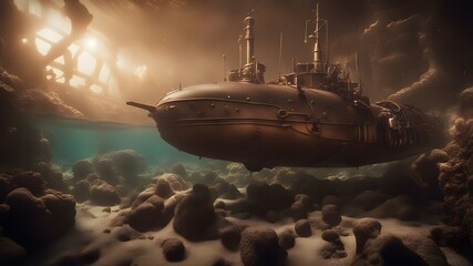 military sub in the sea    A dynamic scene of a steampunk submarine exploring a coral reef,  