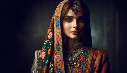 A young Indian woman dressed in traditional attire and  jewelry.