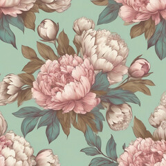 Seamless floral pattern with peony flowers on summer background, watercolor. Generative AI. - obrazy, fototapety, plakaty