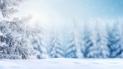 Fototapeta premium iced twig on a snowy ground with snowfall bokeh in the background