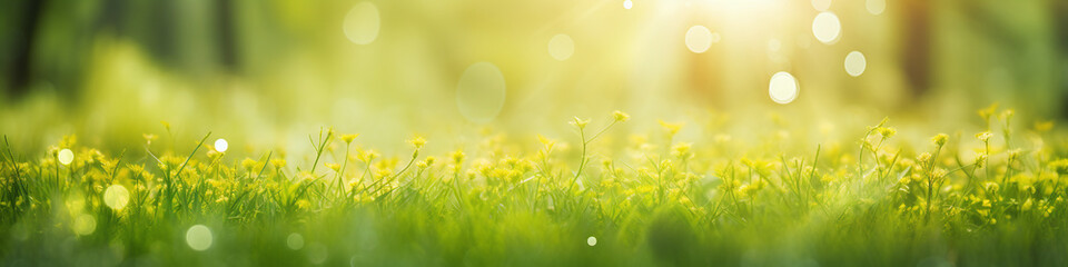 Fototapeta na wymiar banner green grass and against the sun with bokeh and little yellow flowers