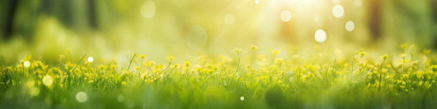banner green grass and against the sun with bokeh and little yellow flowers