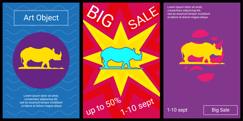 Trendy retro posters for organizing sales and other events. Large wild rhino symbol in the center of each poster. Vector illustration on black background