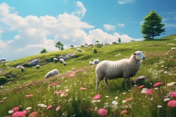 Obraz premium Meadow with sheep and flowering grass