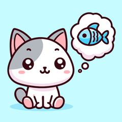 Vector art of a cute cat thinking fish cartoon style vector icon illustration