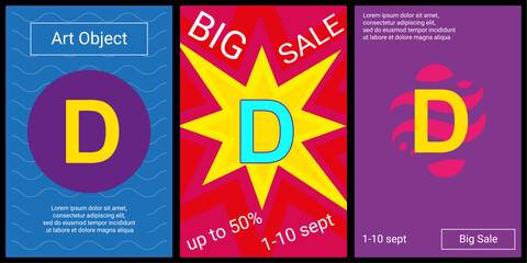 Trendy retro posters for organizing sales and other events. Large capital letter D symbol in the center of each poster. Vector illustration on black background