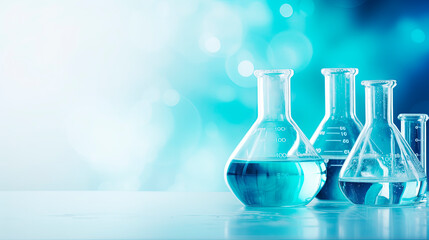A scientific beaker in a laboratory on a table on a blurred background. - obrazy, fototapety, plakaty