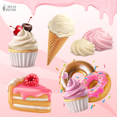 Vector set of watercolor sweets. Cupcakes, flavored marshmallows, vanilla ice cream, piece of raspberry cake and glazed donuts. 3d realistic illustrations of food for advertising