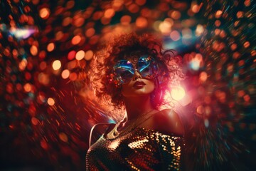 Disco ball and a disco dancer in motion. Surreal and visually striking representation of the disco era's energy and glamour. - obrazy, fototapety, plakaty