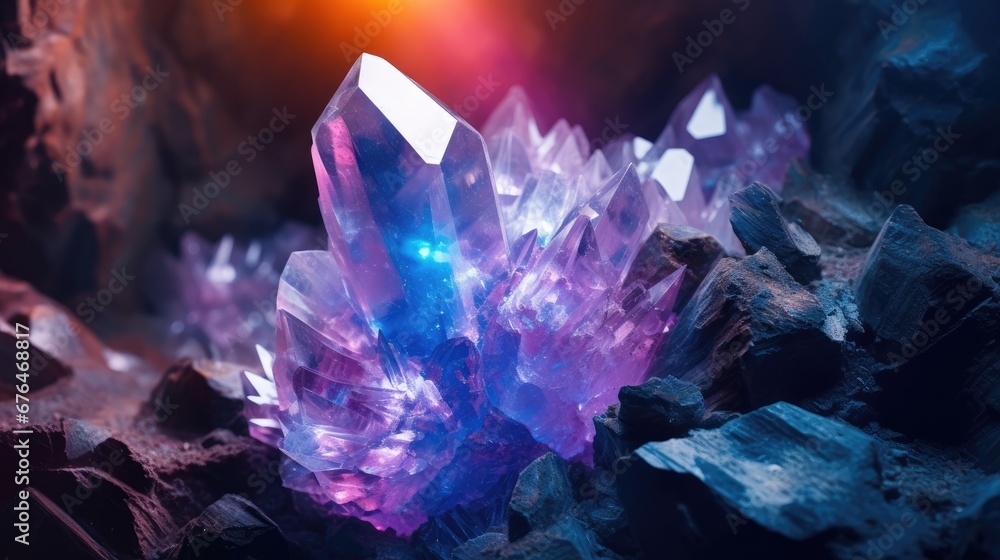Poster a cluster of amethyst crystals on a rock with a red light in the background, creating a blurry effec