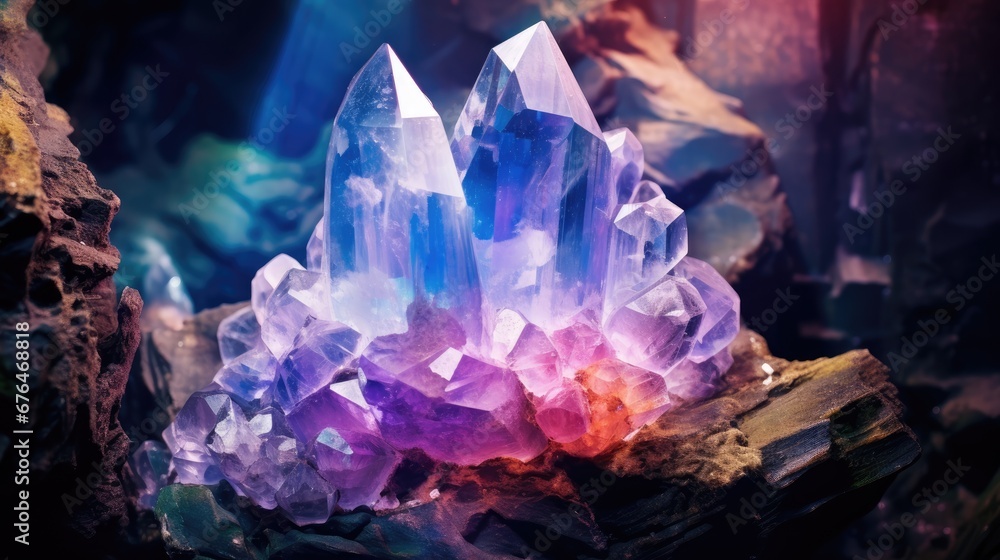 Poster a cluster of colorful fluorite crystals on a rock in a cave, with a blurry background the crystals a
