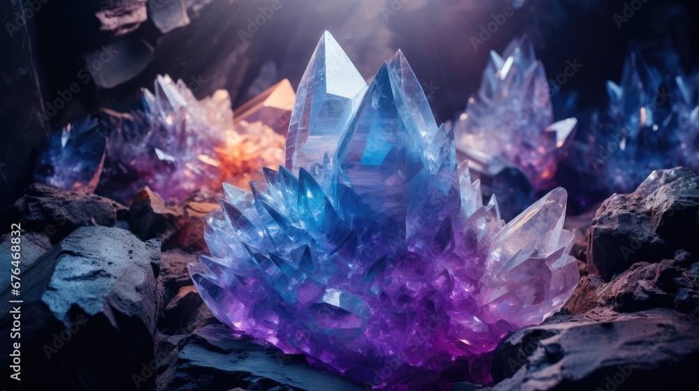 Poster a group of crystals sitting on top of a pile of rocks next to a pile of rocks with a light shining o