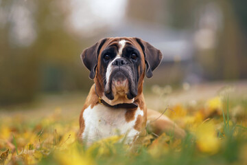 Adorable fawn and white Boxer dog with a brown leather collar posing outdoors lying down in a green grass with fallen yellow maple leaves in autumn