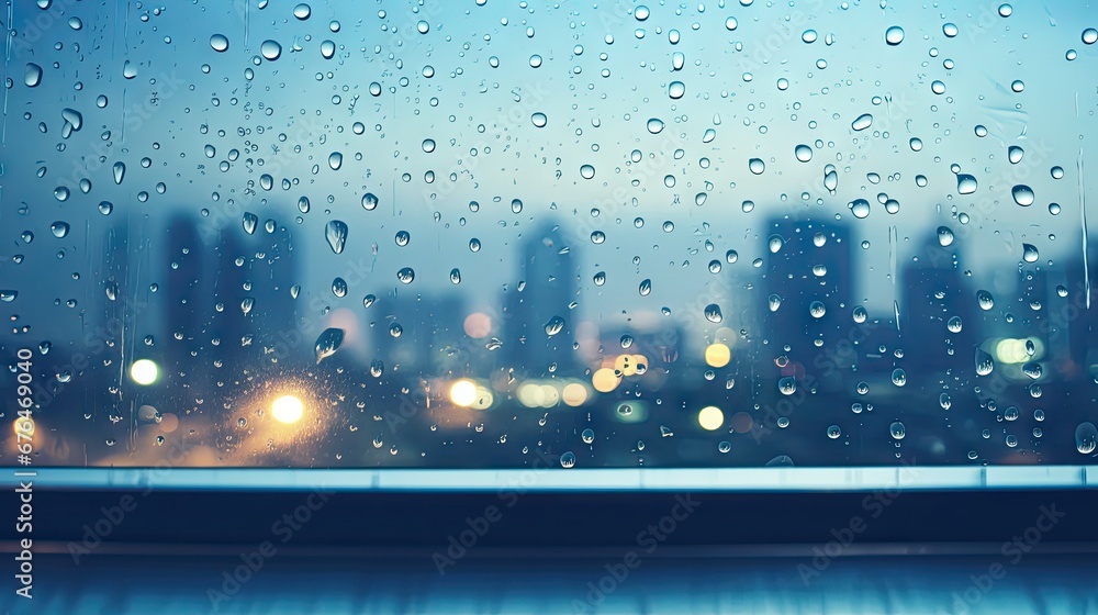 Poster rain drops on a window with a cityscape in the background of a building in the background. generativ