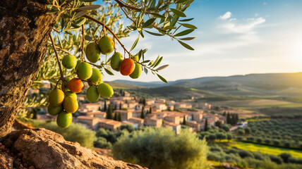 Olive tree landscape and andalusian village style in background - obrazy, fototapety, plakaty