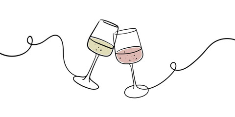 Continuous line champagne cheers one line art, continuous drawing contour. Wine glasses with drinks. Cheers toast festive decoration for holidays. Vector illustration