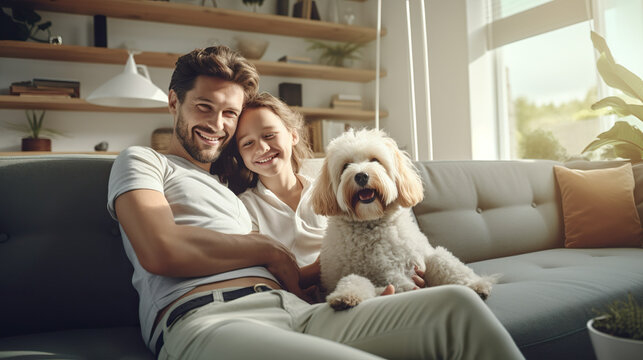 Happy famile on sofa and puppy in living room person and dog