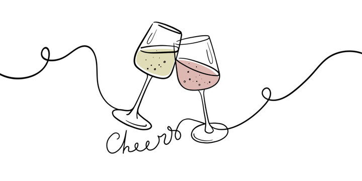 recommend clip art: Continuous line champagne cheers one line art, continuous drawing contour. Wine glasses with drinks. Cheers toast festive decoration for holidays. Vector illustration