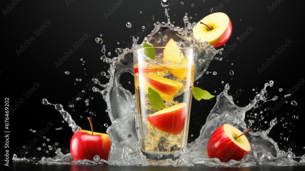 Poster an apple splashing into a glass of water with two apples on the side of the glass and another apple 