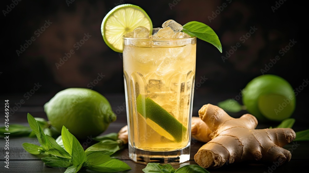 Poster a glass of lemonade with a lime and a slice of cucumber on the rim of the glass. generative ai