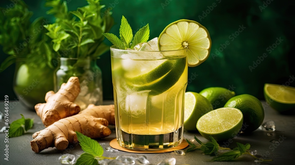 Poster a close up of a drink in a glass with limes and mint on a table next to limes. generative ai