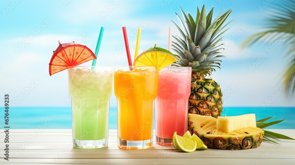 Poster a table topped with three tall glasses filled with different types of drinks next to a pineapple and