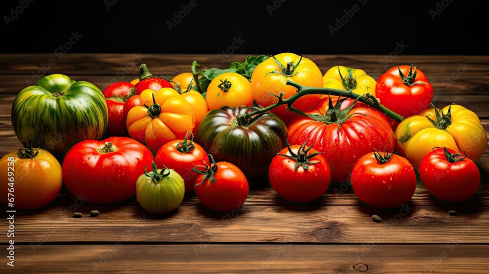 Poster a bunch of different types of tomatoes on a wooden table with green and red tomatoes in the middle o