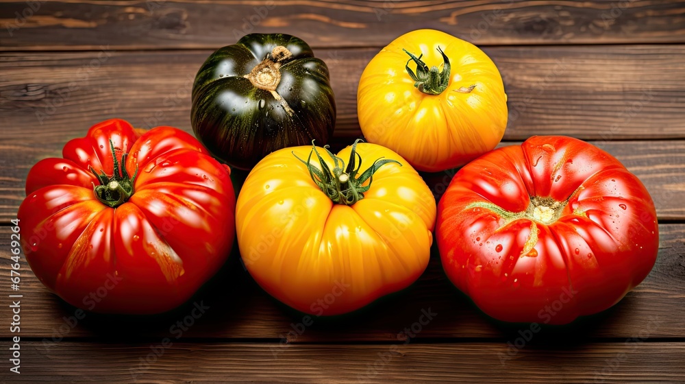 Poster a group of five different colored tomatoes on a wooden table with a black background and a few green