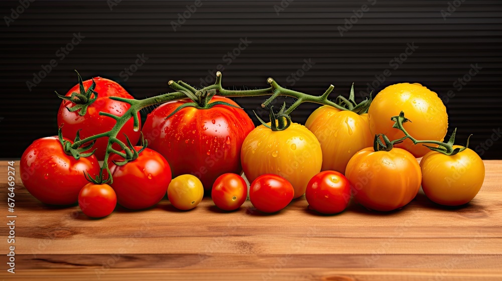 Poster a wooden table topped with lots of different types of tomatoes and tomatoes on top of each other on 