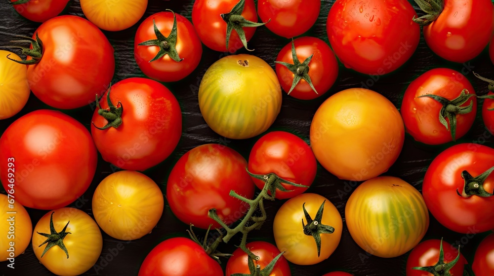 Poster a close up of a bunch of tomatoes on a table with one tomato on the vine and the other tomato on the