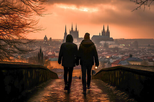 Loving Couple of young men walking hand in hand in Prague