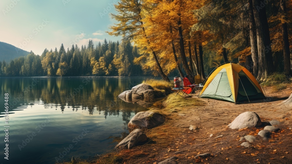 Poster a tent is set up on the shore of a lake with trees in the background and rocks in the foreground. ge