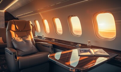 Luxury business jet plane airplane private jet empty interior during flight fast bright luxurious...