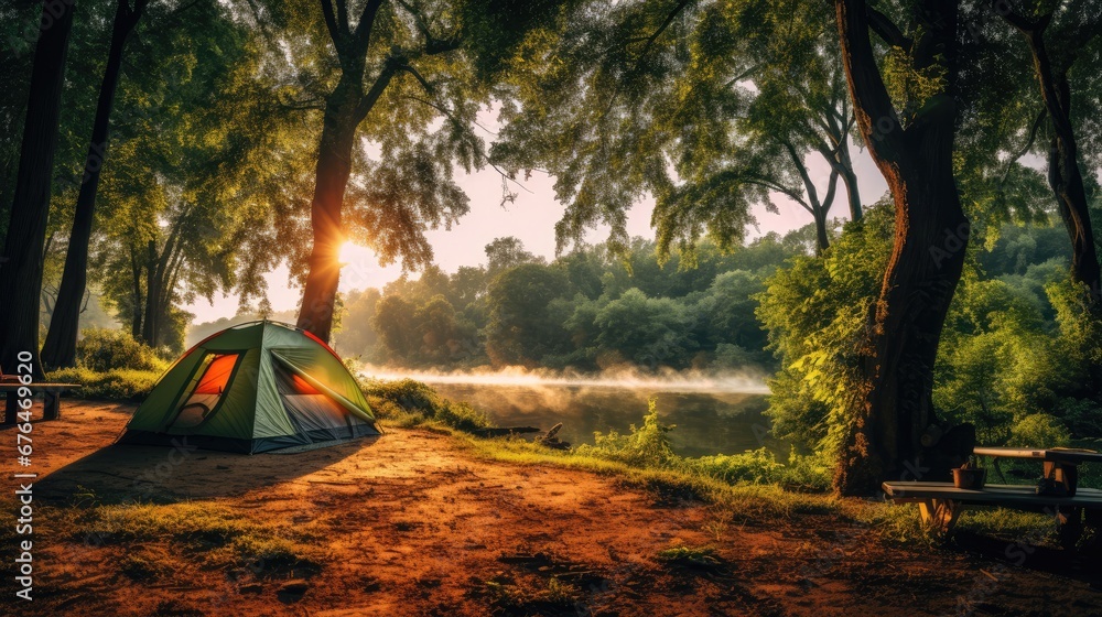 Poster a tent pitched up next to a lake with a bench in the foreground and trees on the other side of the l