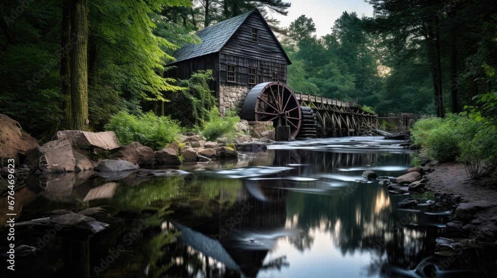 Poster a water mill in the middle of a forest with a stream running through it and a wooden building in the
