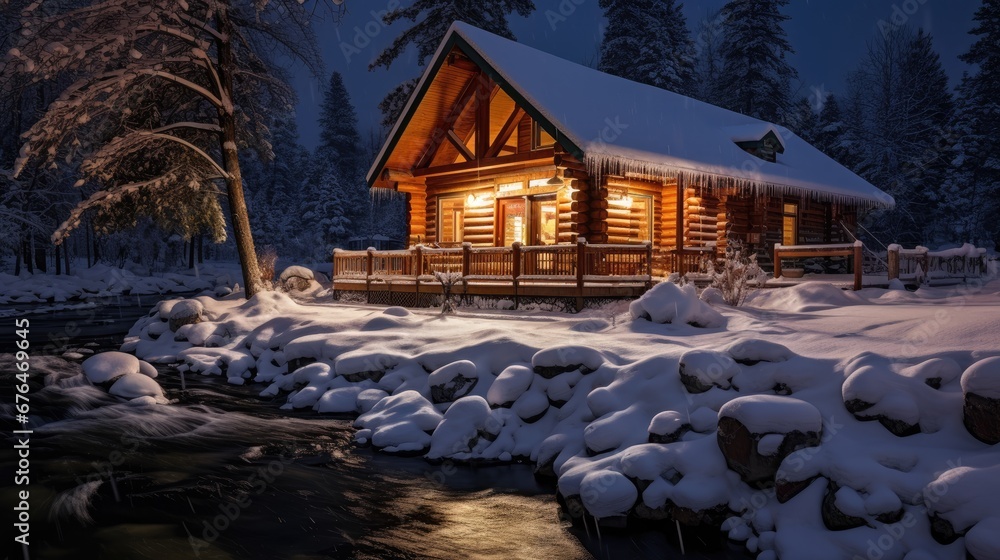Aufkleber a log cabin lit up at night with snow on the ground and a stream running through the front of the ca
