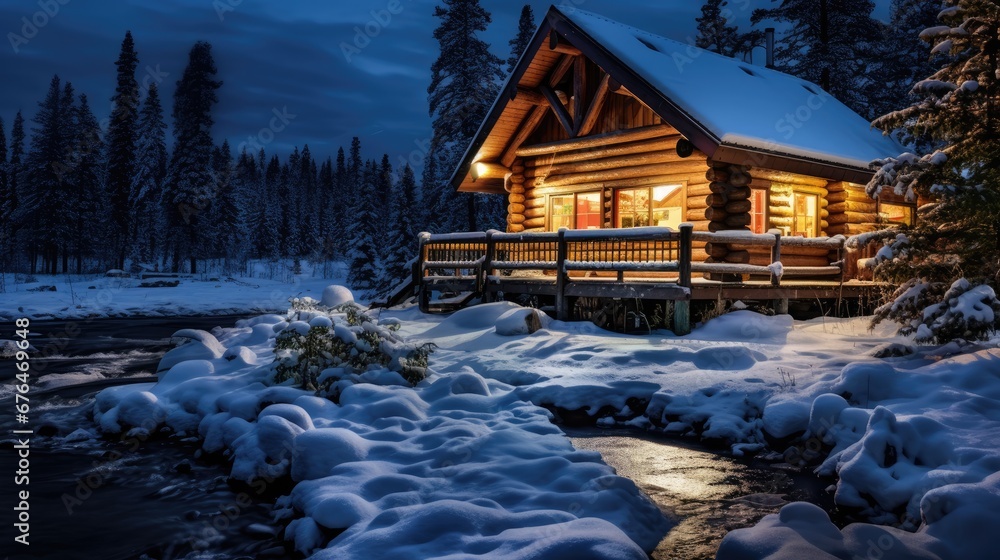 Poster a log cabin lit up at night with snow on the ground and a stream running through the front of the ca