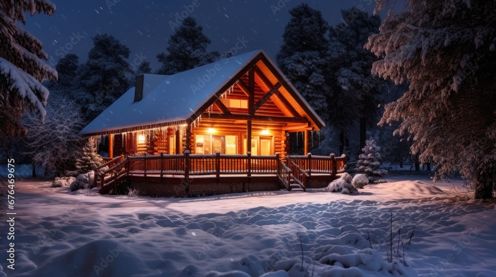 Poster a log cabin lit up at night in the snow with snow falling on the ground and trees in the foreground.
