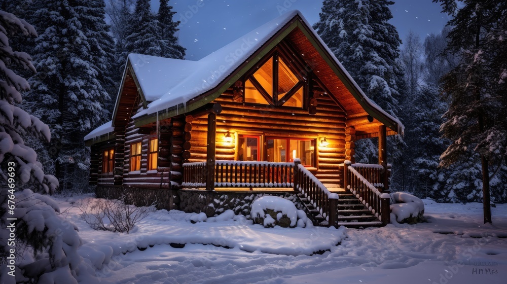 Poster a log cabin lit up at night with snow on the ground and trees in the foreground and snow on the grou