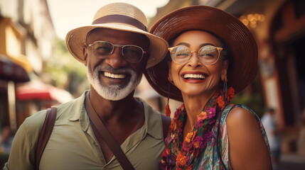 Obraz premium Candid photo of the elderly couple tourists, exploring a tropical island. Concept of active age