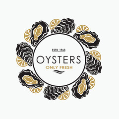 label of fresh oyster shell and lemon isolated on light background