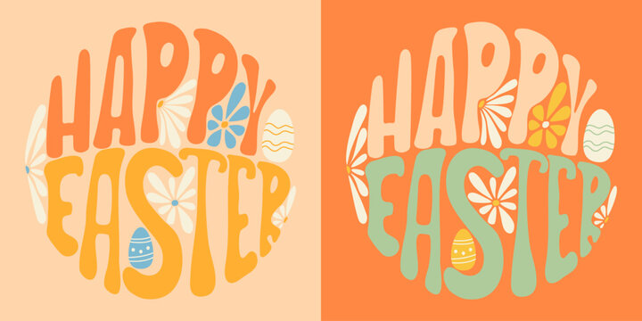 Naklejki Groovy text Happy Easter written in circle. Retro slogan in round shape. Bright poster congratulations on Easter. Trendy groovy print design for poster, card, t shirt.