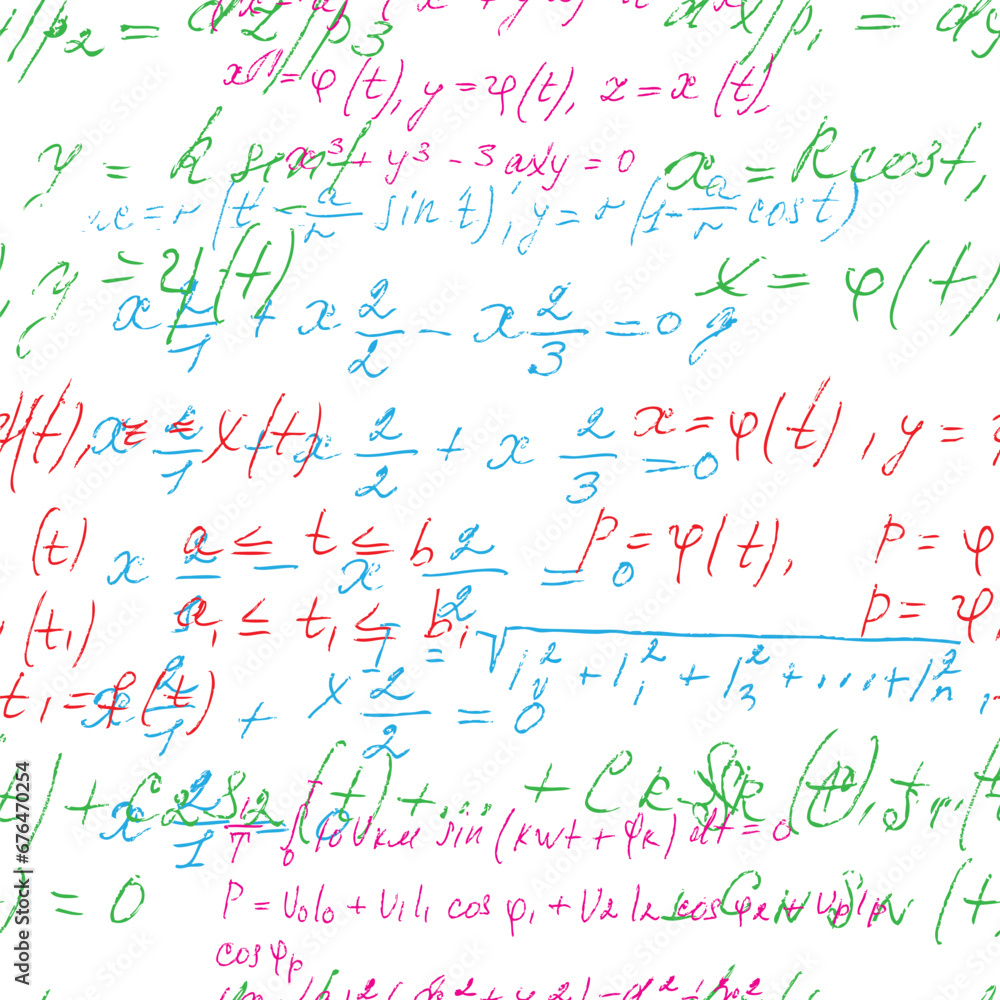 Poster math seamless board with handwritten mathematical and physics formulas and proves. vector