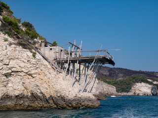 view from the boat of the famous rock caves of the Gargano coast